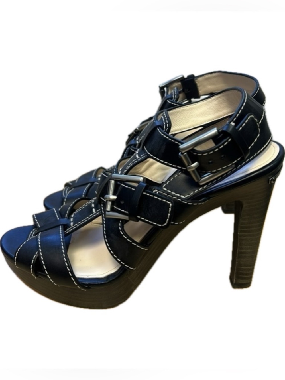 Coach Stefanie Vachetta T-Strap Ankle Leather Sandals Wooden Platform He…